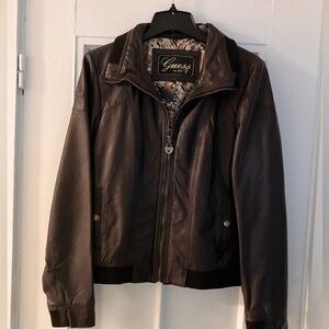 VTG Y2K Guess Chocolate Brown Soft Thick Leather Bomber Moto Jacket Like New M